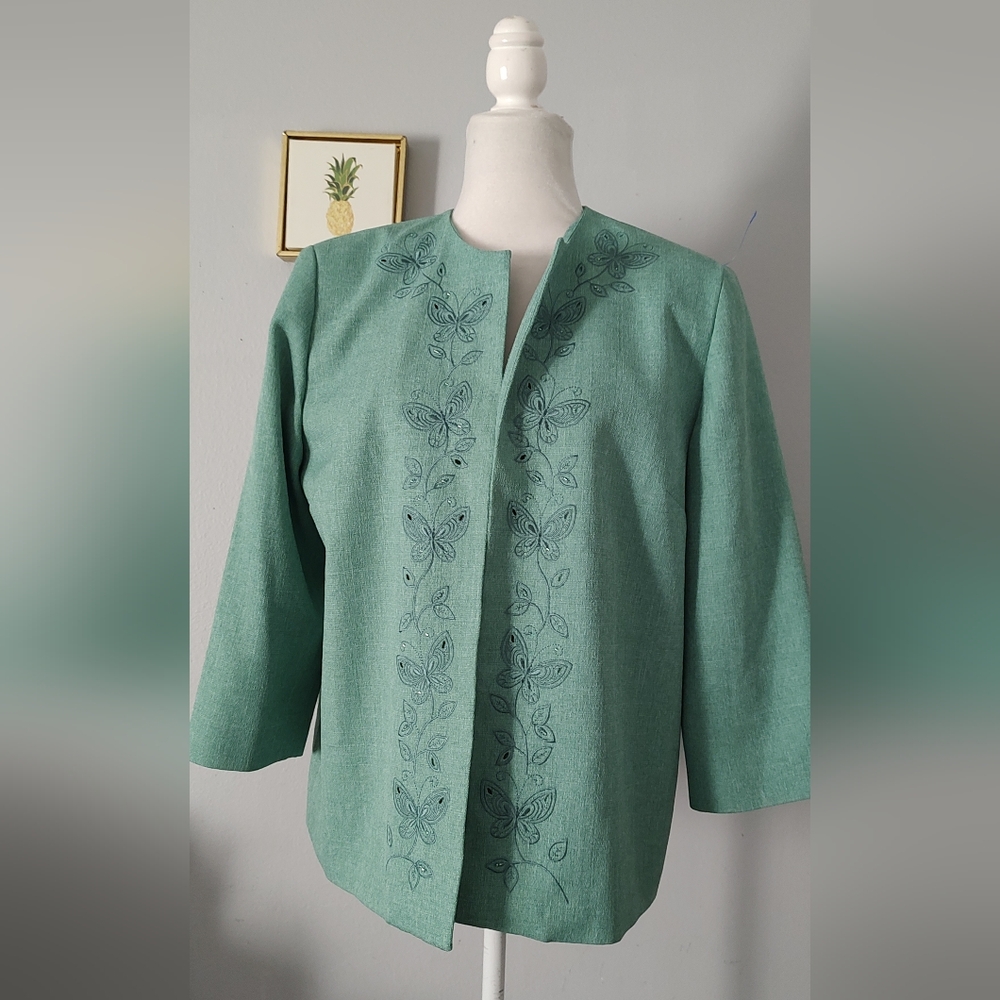 Blazer Women Alfred Dunner Color Green Size 12 Sleeve 3/4 Decorative Neck New